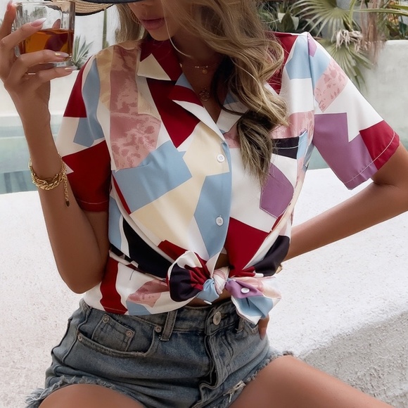 Bohemian Color Block Button up Casual Top - Picture 2 of 4